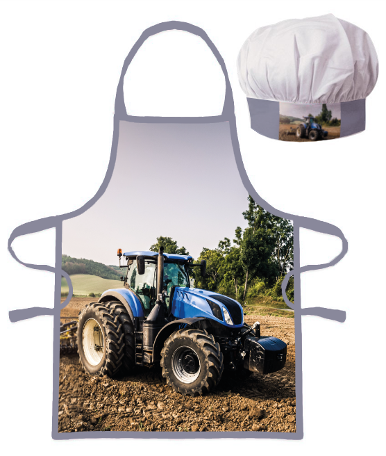 Farm Blue Tractor Cooking Apron & Chef Hat Set